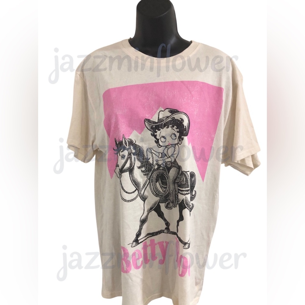 Betty boop cream cowgirl betty on horse pink graphic print tshirt size large new